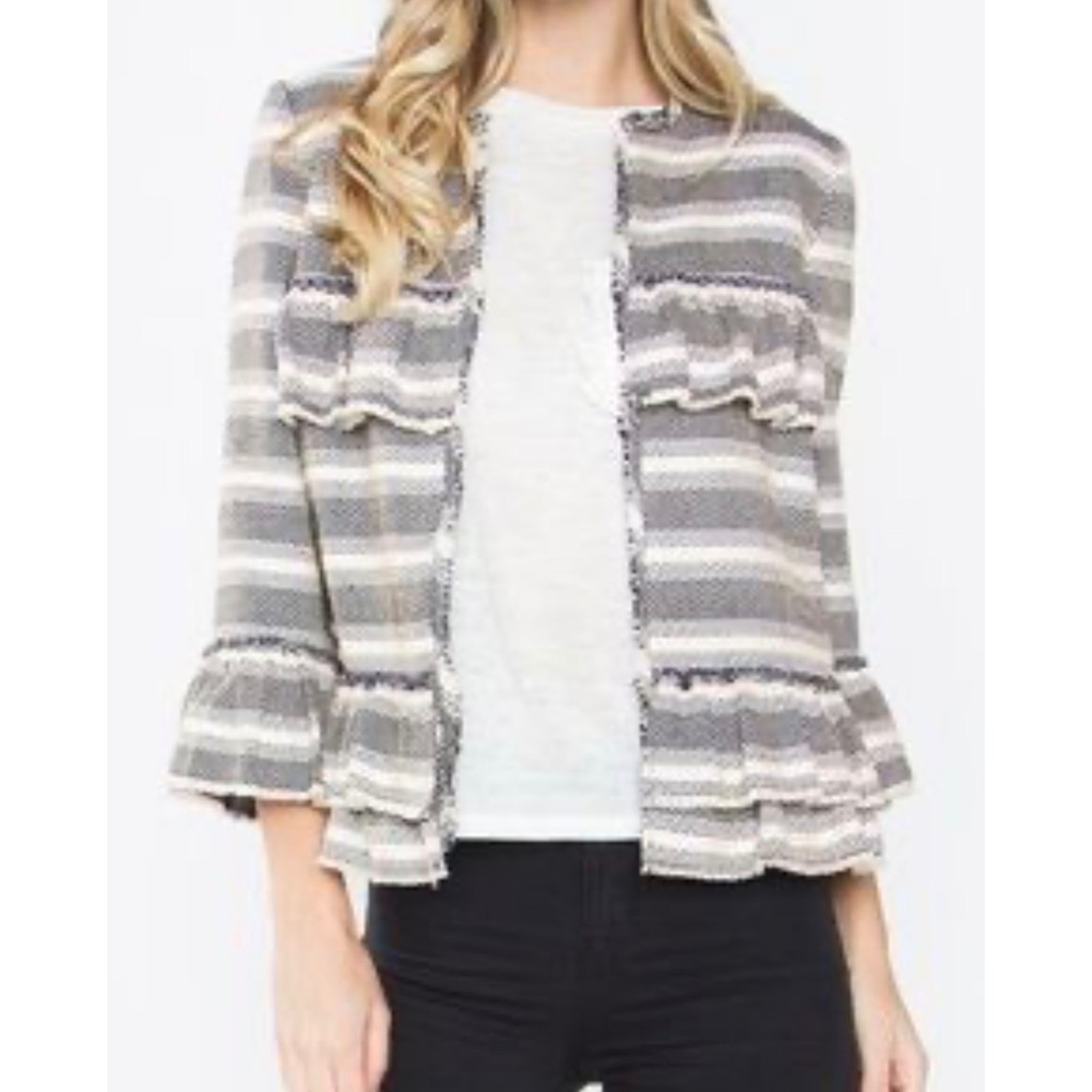 Sugarlips Striped Tweed Ruffle Jacket Navy Cream Frayed Edge Womens Size Medium